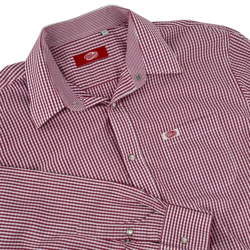 Dr Pepper Mens XL Pearl Snap Shirt Long Sleeve Gingham Western Burgundy White